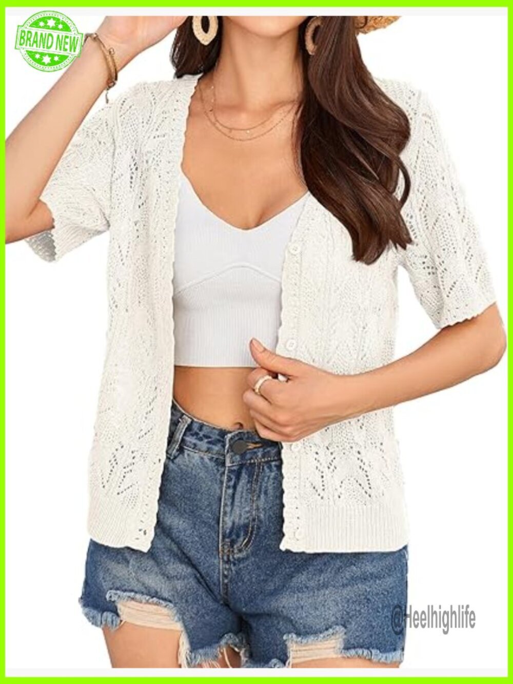 Lightweight Crochet Cardigan Short Sleeve Cropped Sweater Button Front